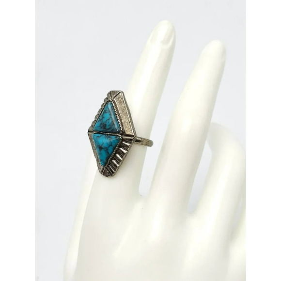 Faux Blue Turquoise Southwest Silver Tone VTG 1970 Diamond Shape Ring Size 7.25 - Picture 2 of 4